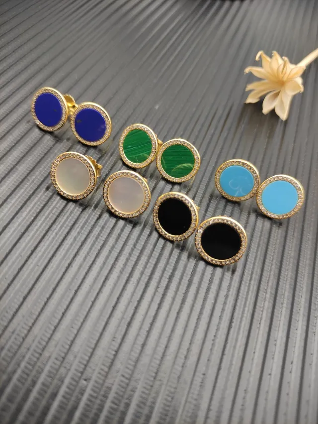 Gold Multicolor Oval Cabochon Stones Pavé Halo Setting Earrings 5