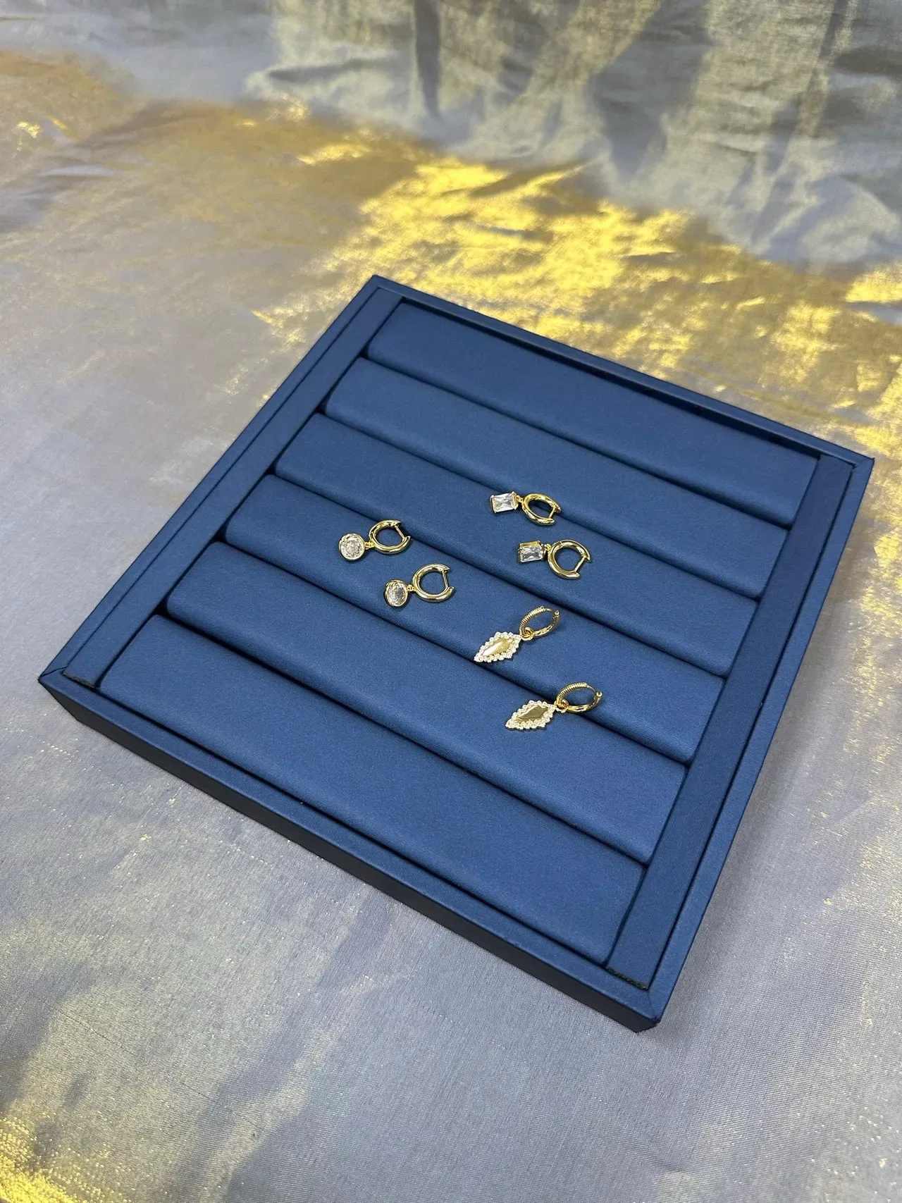 Gold Navy Hoop Dangling Rectangular Clear Stones Earrings 5