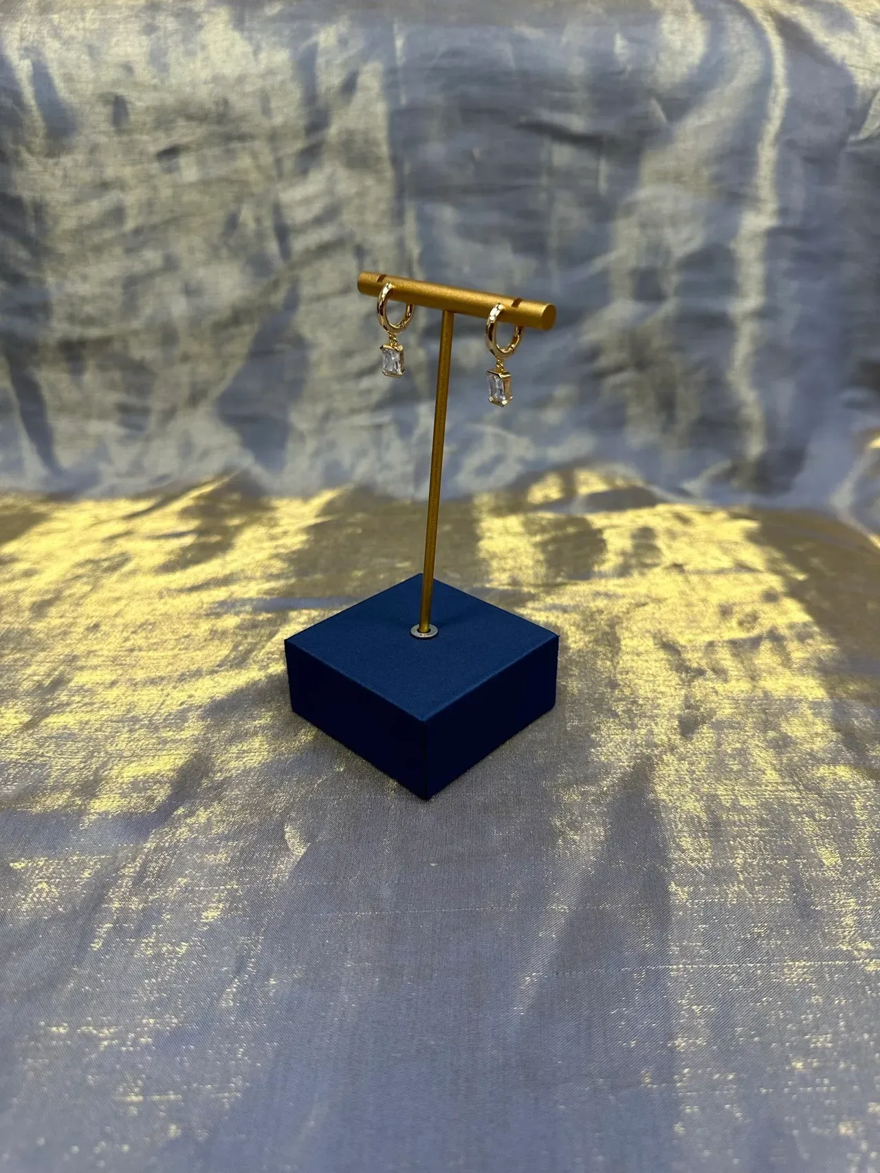 Gold Navy Hoop Dangling Rectangular Clear Stones Earrings 9