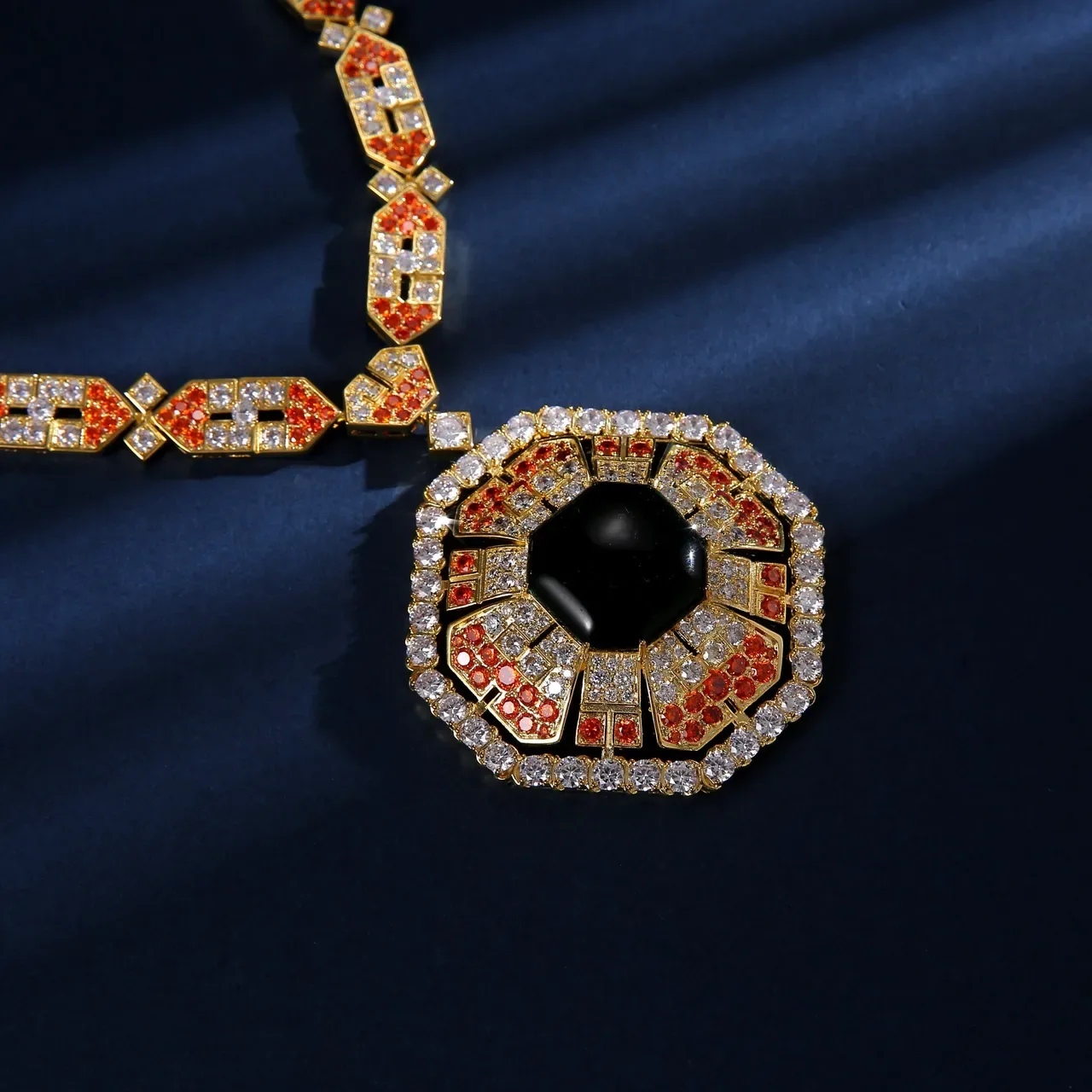 Gold Orange Geometric Link Chain Pavé-Set Stones Necklace 2