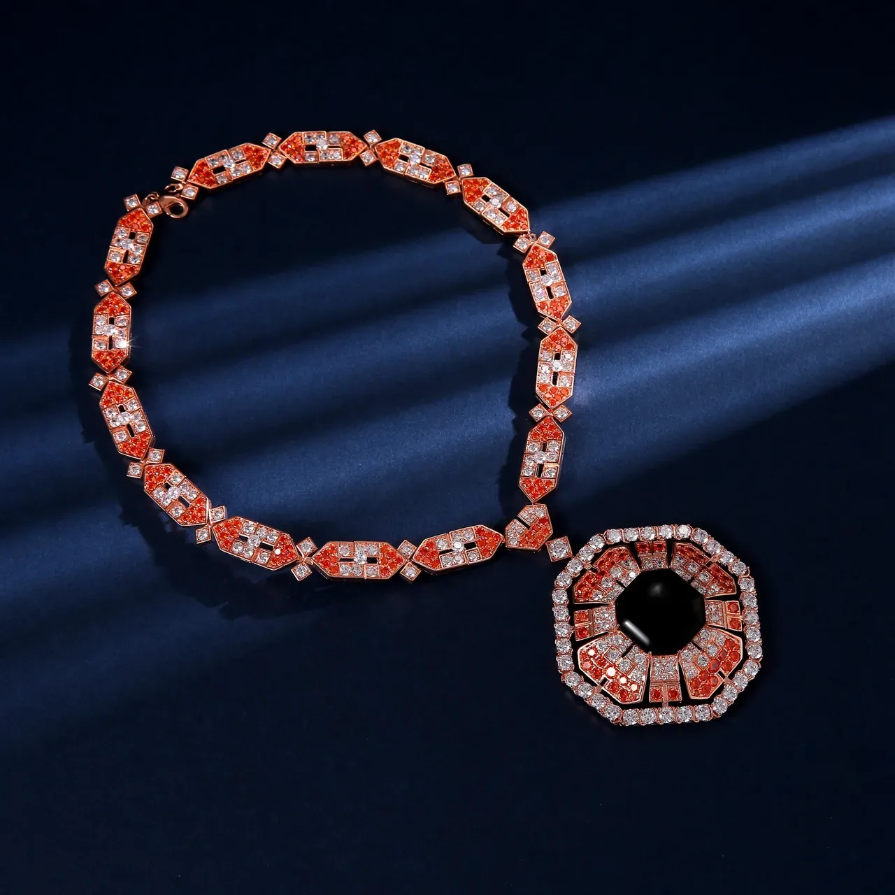 Gold Orange Geometric Link Chain Pavé-Set Stones Necklace 3