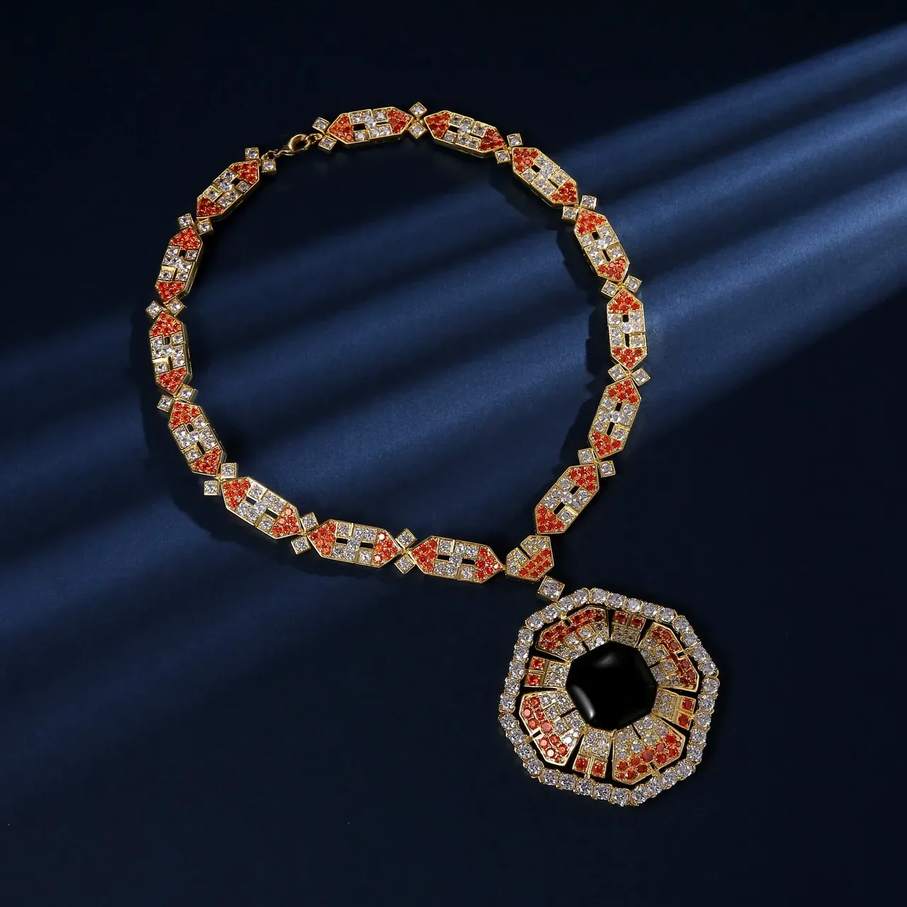 Gold Orange Geometric Link Chain Pavé-Set Stones Necklace 4