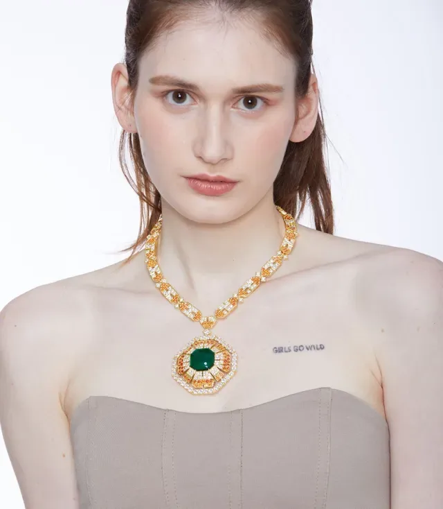 Gold Orange Geometric Link Chain Pavé-Set Stones Necklace 5