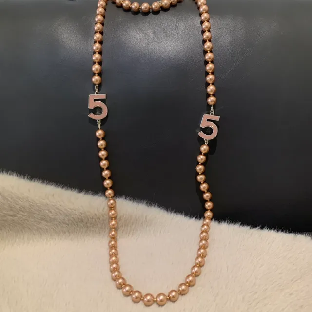 Gold Pink Beaded Chain Dual Numeral '5' Charms Necklace 2