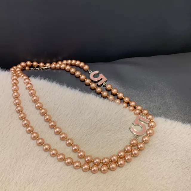 Gold Pink Beaded Chain Dual Numeral '5' Charms Necklace 5
