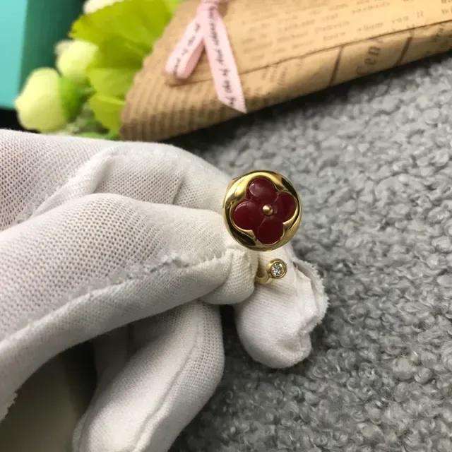 Gold Red Enamel Flower Ring 3
