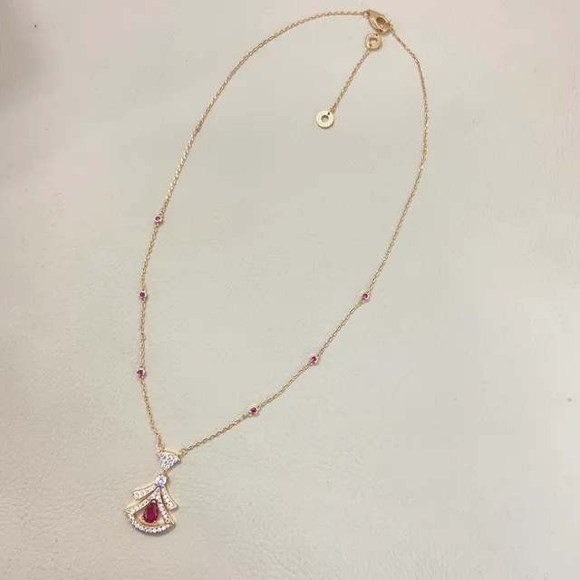 Gold Red Fan-Shaped Pendant Pavé-Set Clear Stones Necklace 3