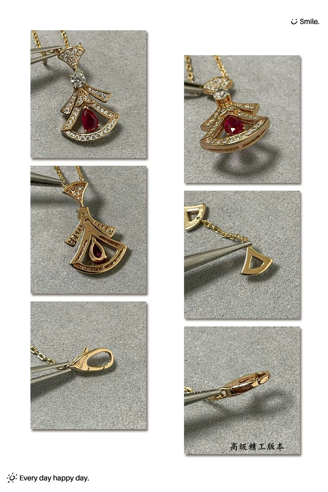 Gold Red Fan-Shaped Pendant Pear-Cut Gemstone Necklace 3