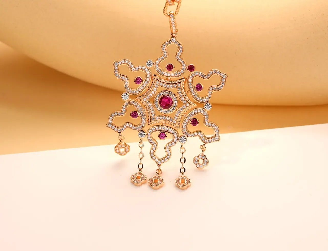 Gold Red Filigree-Inspired Openwork Pendant Necklace 6