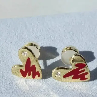 Gold Red Heart-Shaped Enamel-Filled Earrings