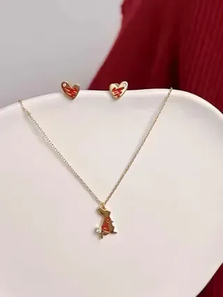 Gold Red Heart-Shaped Enamel-Filled Earrings 3