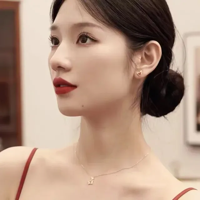 Gold Red Heart-Shaped Enamel-Filled Earrings 5