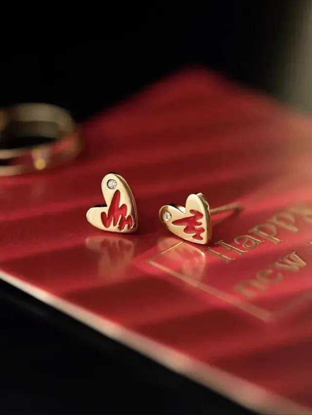 Gold Red Heart-Shaped Enamel-Filled Earrings 6