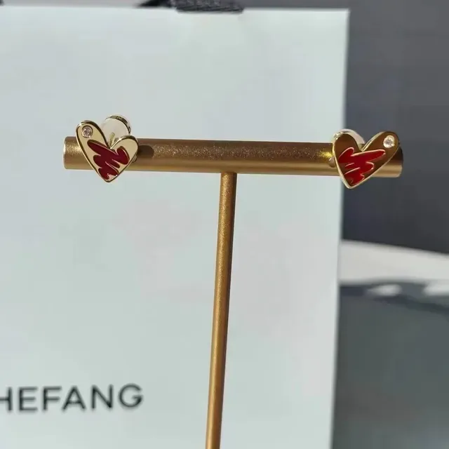 Gold Red Heart-Shaped Enamel-Filled Earrings 7