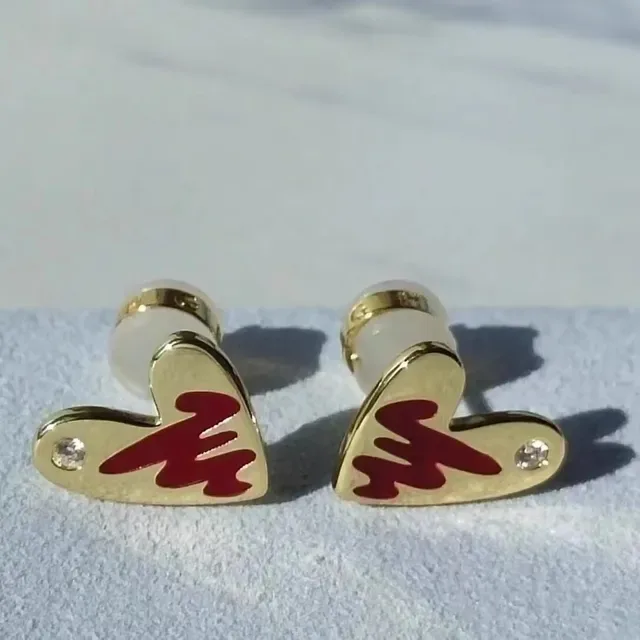 Gold Red Heart-Shaped Enamel-Filled Earrings 8