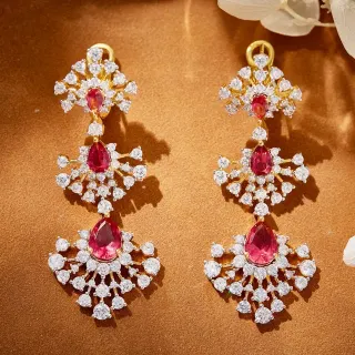Gold Red Three-Tiered Chandelier Floral Pavé Motif Earrings