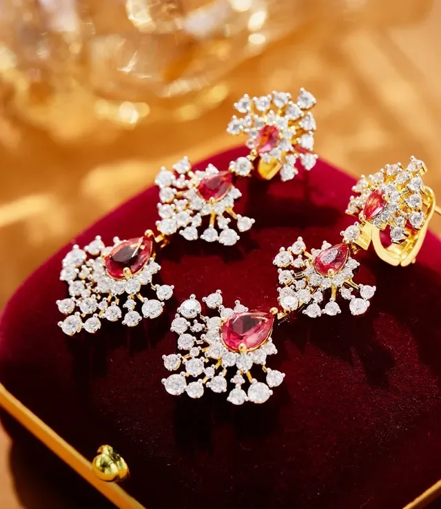 Gold Red Three-Tiered Chandelier Floral Pavé Motif Earrings 2