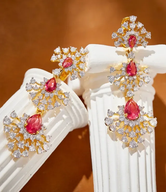Gold Red Three-Tiered Chandelier Floral Pavé Motif Earrings 4