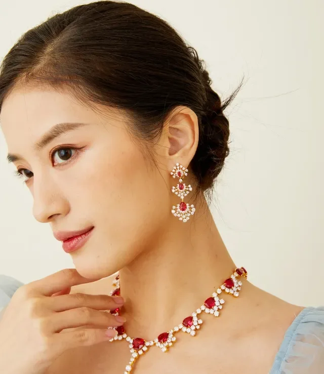 Gold Red Three-Tiered Chandelier Floral Pavé Motif Earrings 6