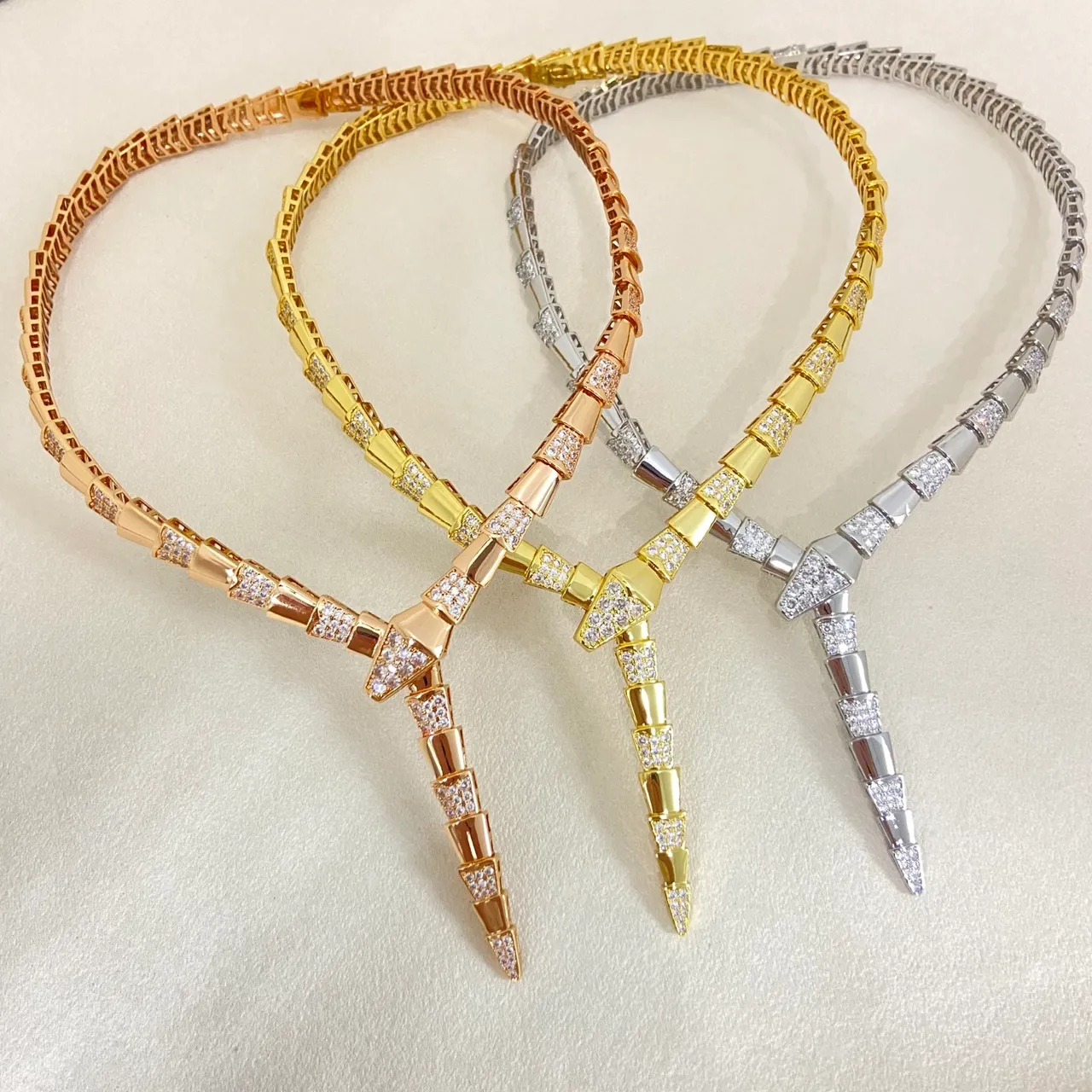 Gold Silver Articulated Segmented Chain Pavé-Set Stones Necklace 7