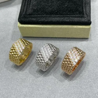 Gold Silver Beaded Band Pavé-Set Stones Ring
