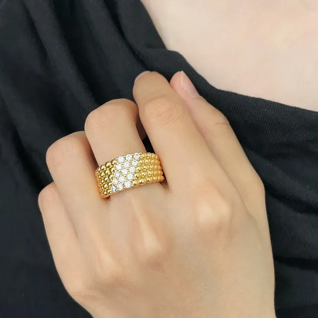 Gold Silver Beaded Band Pavé-Set Stones Ring 9