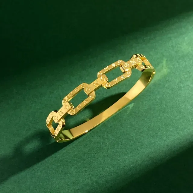 Gold Silver Chain-Link Bangle Monogram-Engraved Bracelet 7