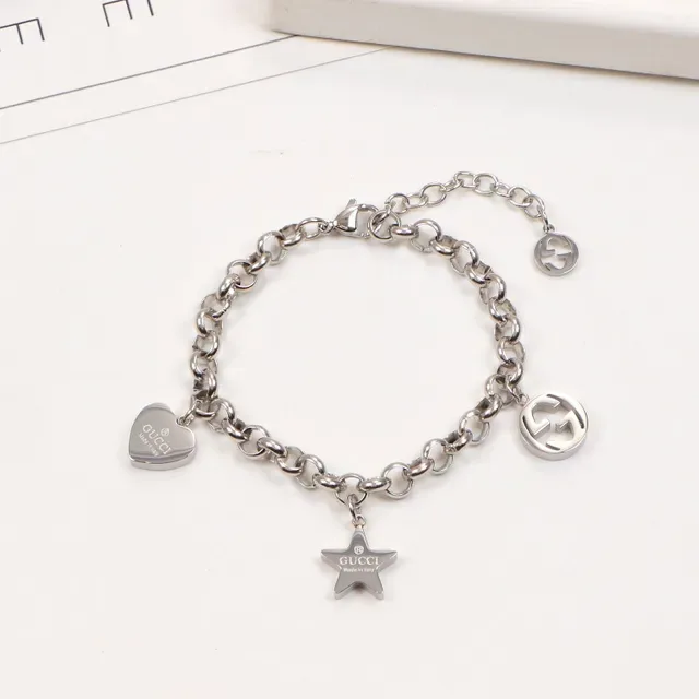 Gold Silver Chunky Oval-Link Chain Dangling Heart Charm Bracelet 3