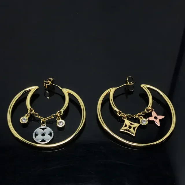Gold Silver Double-Hoop Dangling Logo Charms Earrings 3