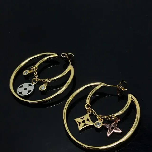 Gold Silver Double-Hoop Dangling Logo Charms Earrings 4
