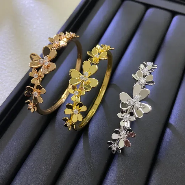 Gold Silver Floral Motif Bangle Style Bracelet 2