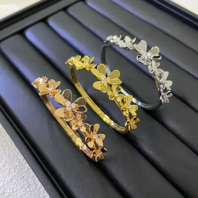 Gold Silver Floral Motif Bangle Style Bracelet 6
