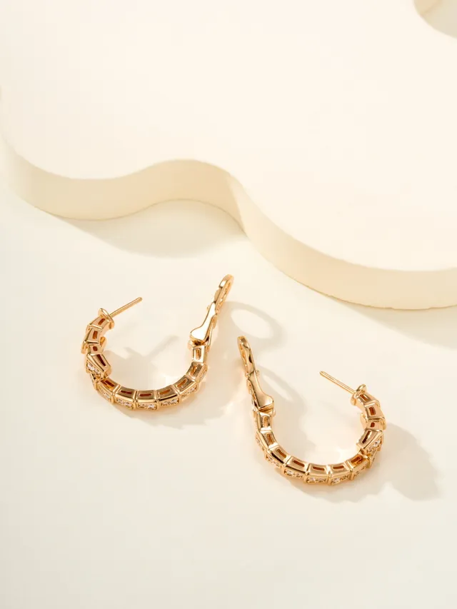Gold Silver Geometric Segmented Hoops Pavé-Set Clear Stones Earrings 2