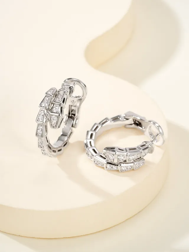 Gold Silver Geometric Segmented Hoops Pavé-Set Clear Stones Earrings 8