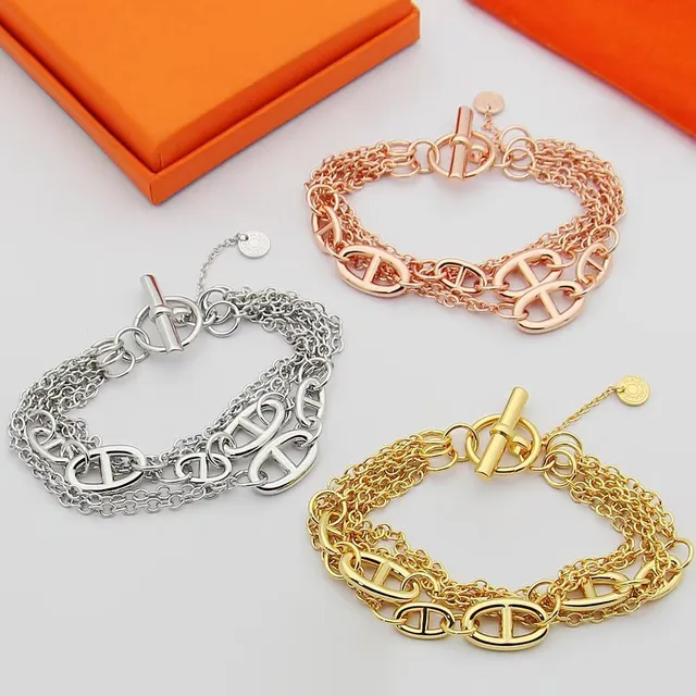 Gold Silver Multi-Chain Toggle Clasp Bracelet 6