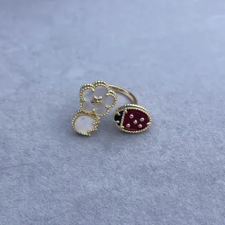 Gold-Tone Asymmetrical Clover and Enamel Ladybug Ring
