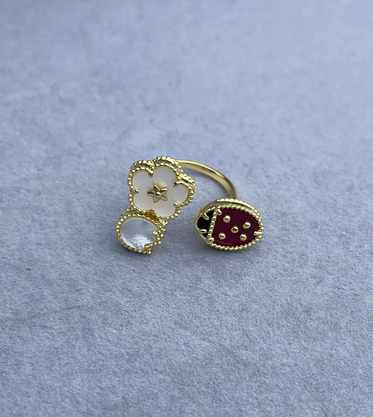 Gold-Tone Asymmetrical Clover and Enamel Ladybug Ring 2