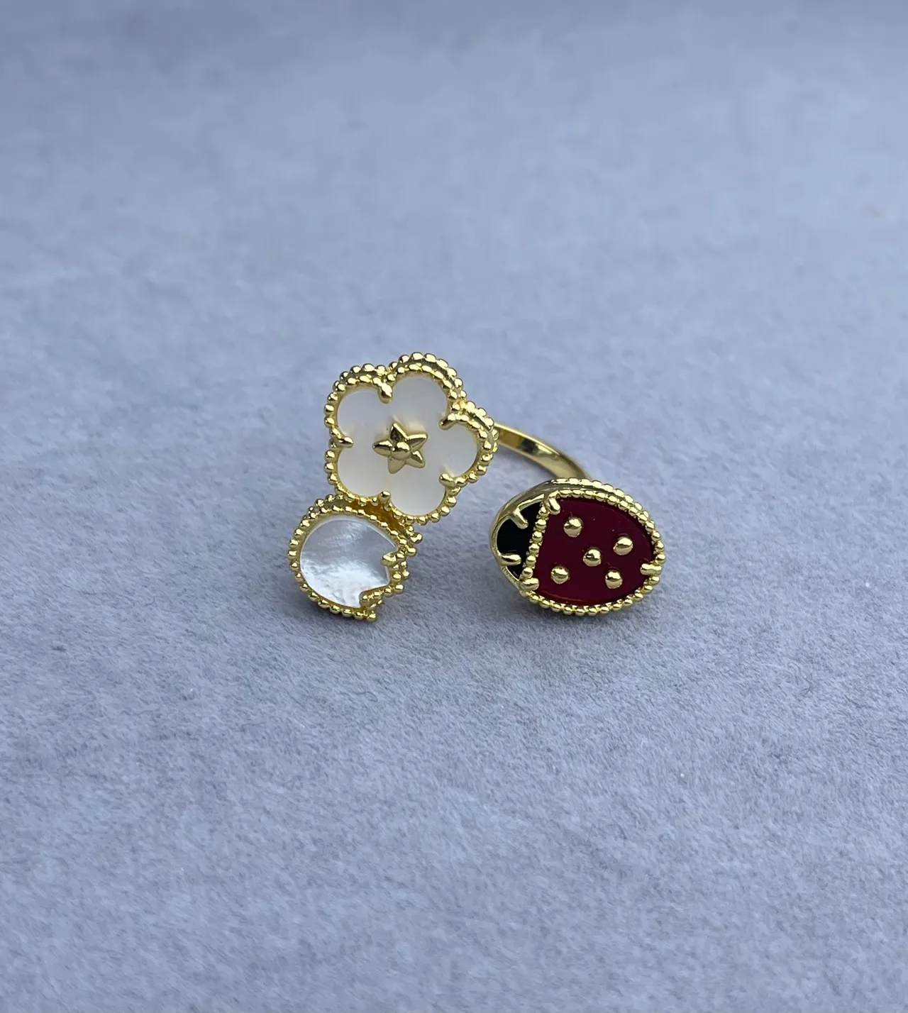 Gold-Tone Asymmetrical Clover and Enamel Ladybug Ring 4