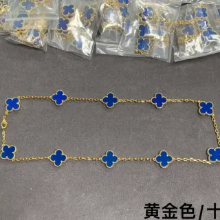 金色系蓝色搪瓷三叶草图案项链