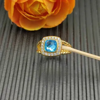 Gold-Tone Cushion-Cut Blue Gemstone Halo Ring