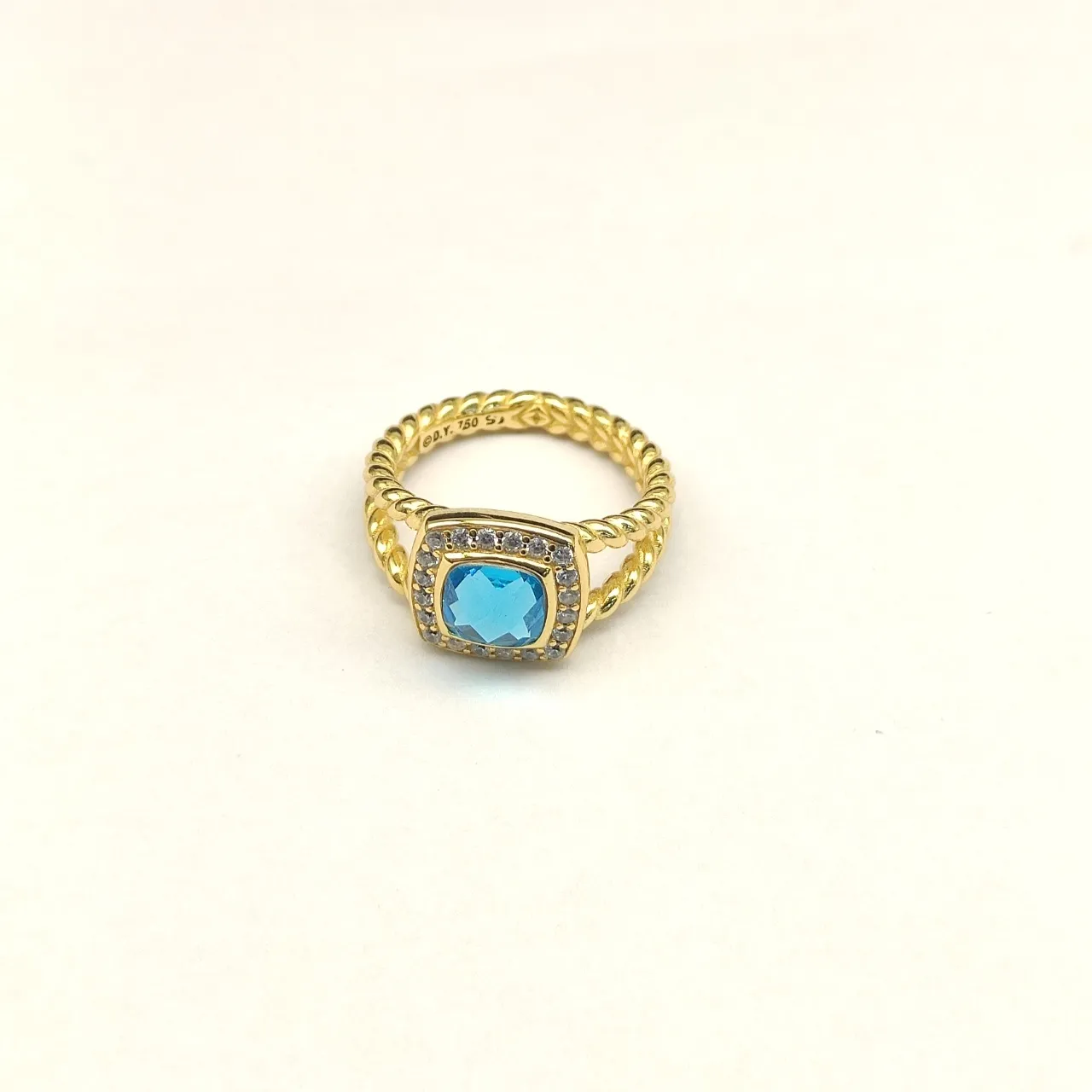 Gold-Tone Cushion-Cut Blue Gemstone Halo Ring 2