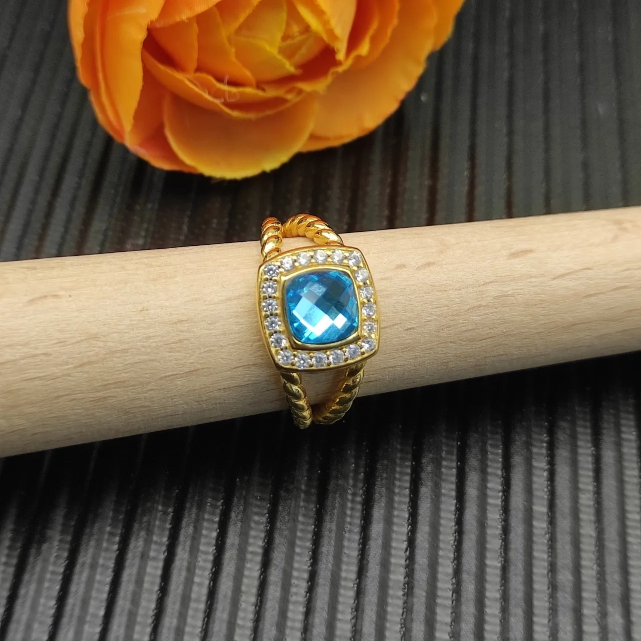 Gold-Tone Cushion-Cut Blue Gemstone Halo Ring 3