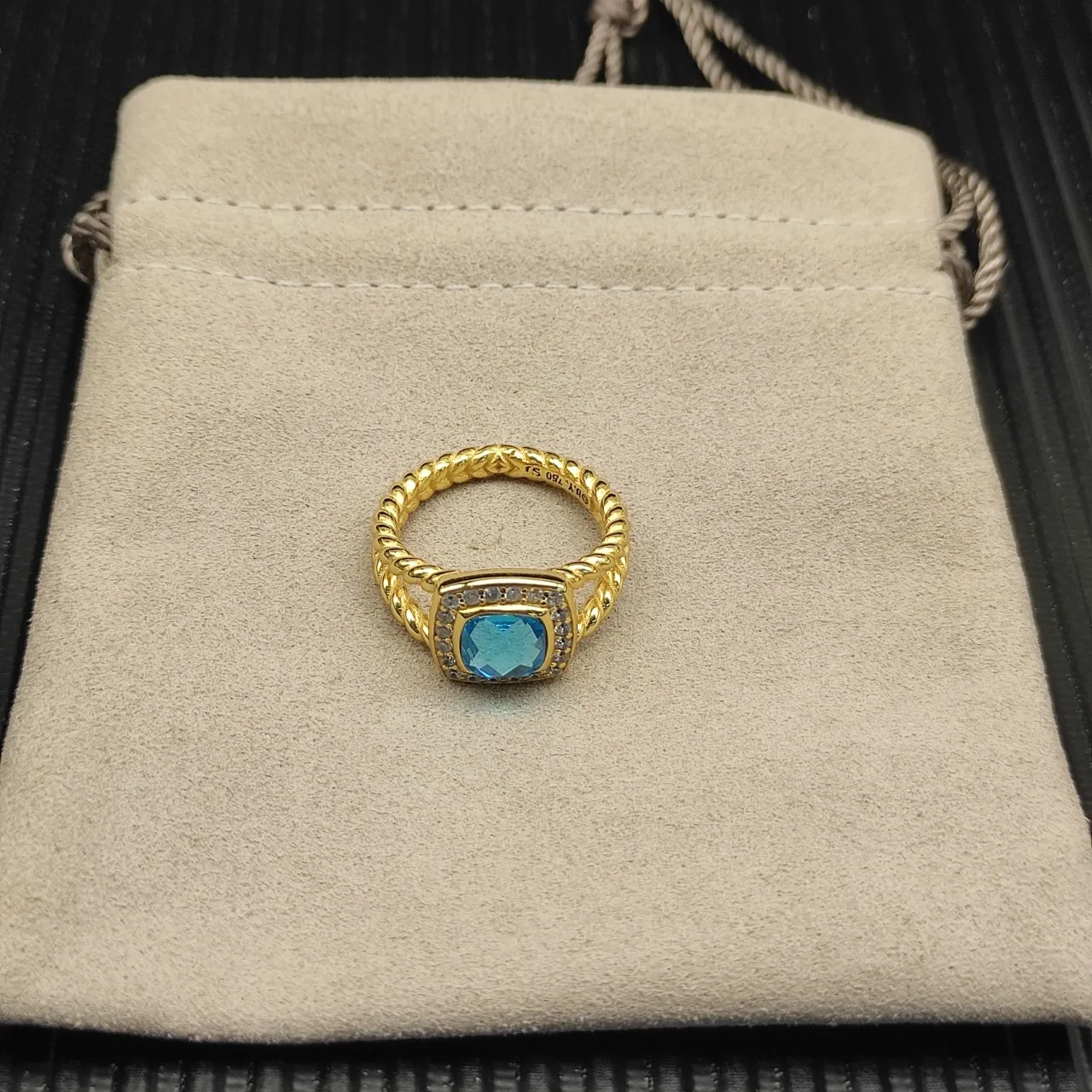 Gold-Tone Cushion-Cut Blue Gemstone Halo Ring 4