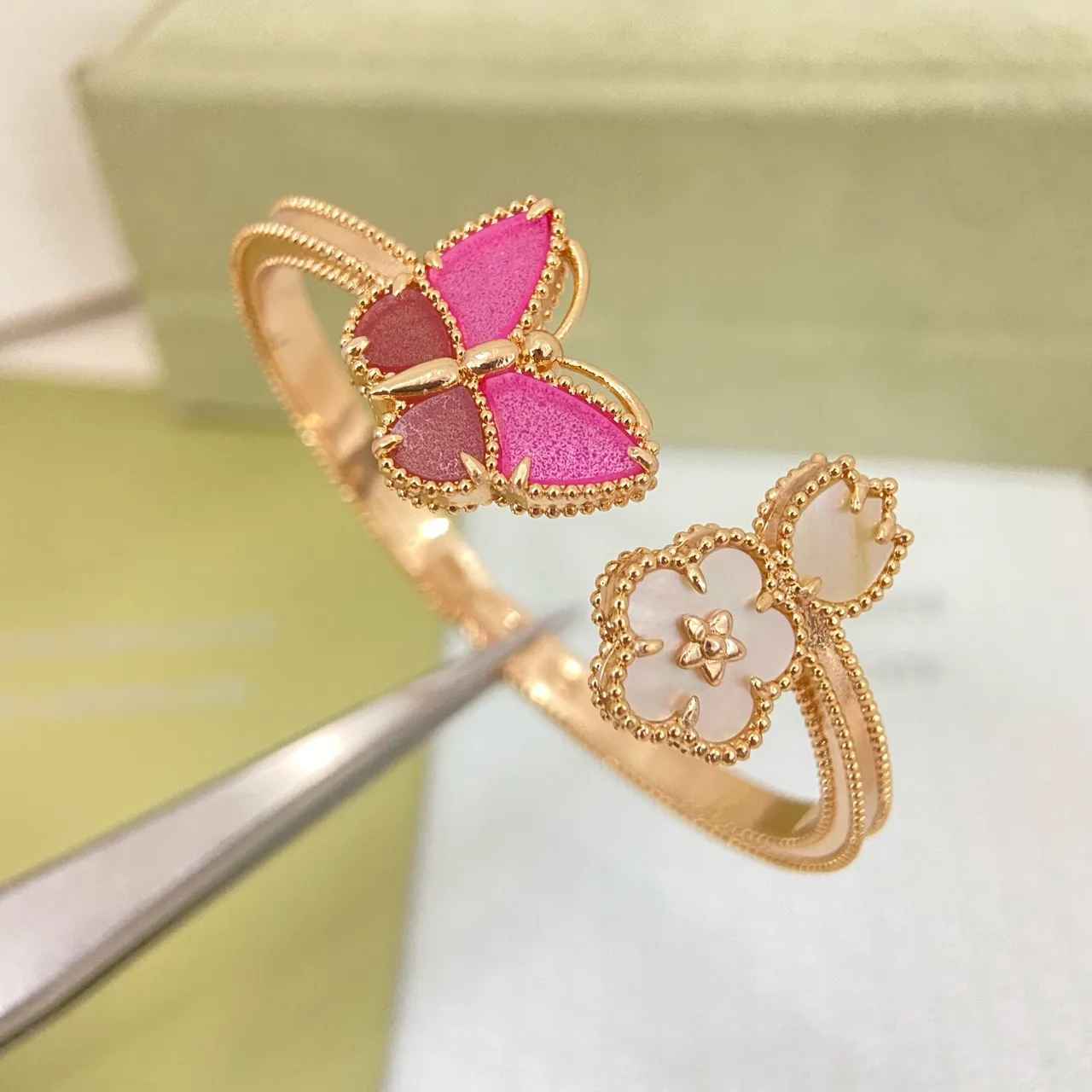 Gold-Tone Enamel Butterfly and Floral Open Bangle Rings 2