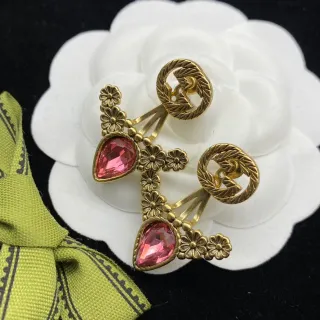 Gold-Tone Floral Motif Pink Teardrop Crystal Earrings