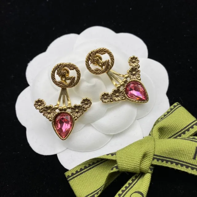 Gold-Tone Floral Motif Pink Teardrop Crystal Earrings 3