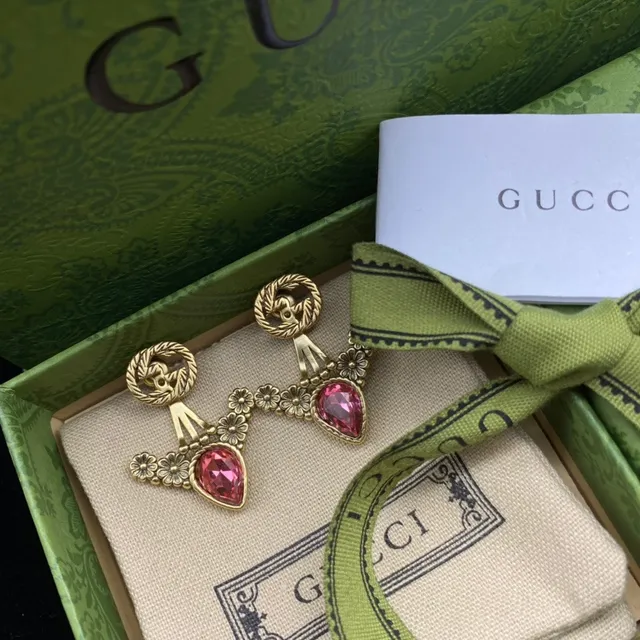 Gold-Tone Floral Motif Pink Teardrop Crystal Earrings 4
