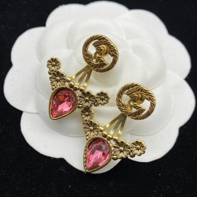 Gold-Tone Floral Motif Pink Teardrop Crystal Earrings 5