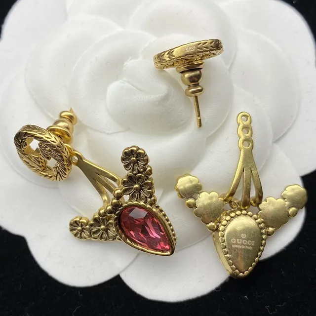 Gold-Tone Floral Motif Pink Teardrop Crystal Earrings 6