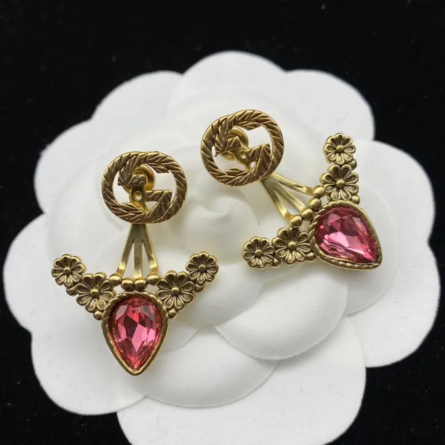 Gold-Tone Floral Motif Pink Teardrop Crystal Earrings 7
